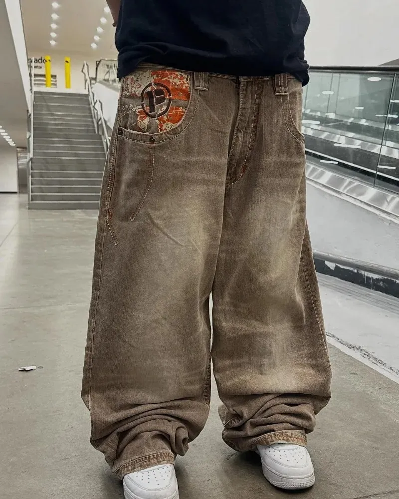 Y2K American Fashion New Oversize Letter Embroidered Yellow Washed Baggy Jeans Men Vintage Gothic Popular Casual Wide-leg Pants — image 2