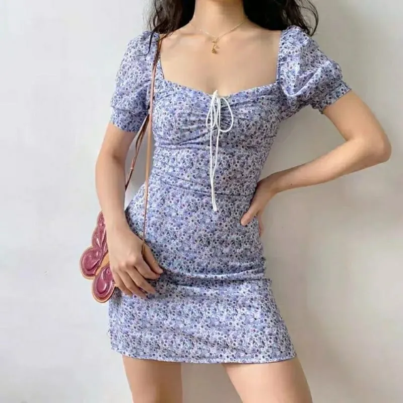 Women Summer Floral Puff Sleeve Dress Girls School Tie-Waist Slimming Short Dress Woman Casual Dress Teen Ladies Beach Vacation — image 4