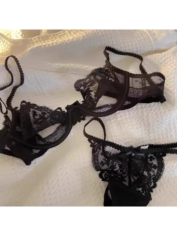 Paris Danteli Yarım Fincan Sutyen Seti - Şeffaf Kesikli ve Süngersiz Ultra İnce Balenli Yaz İç Giyim Seksi Fransız Arzusu