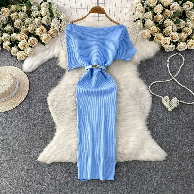 Summer Women Slash Neck Sundress Asymmetry Batwing Sleeve Knitted Dress High Waist Bodycon Solid Color Slit Dress Outfits