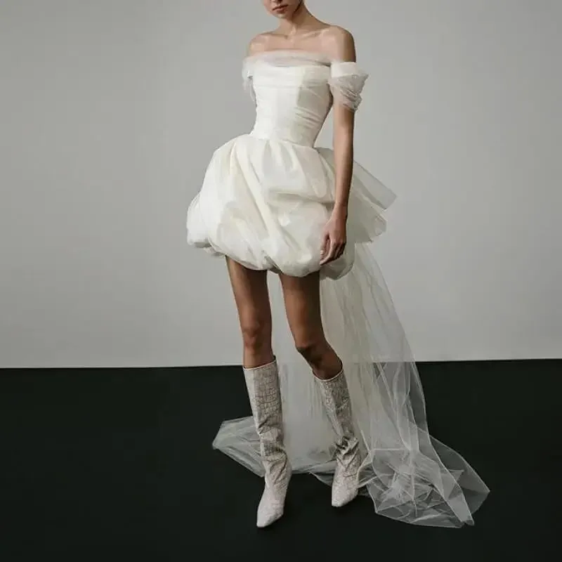 Neue elegante, leichte Brautkleider für Frauen, weißes, sexy Braut-Minikleid mit Netzstoff, Braut-Luxus-Party-Vestidos