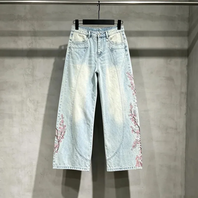 Blue Vescartes Cherry Blossom Knight Loose Straight Jeans High Quality Men Women Streetwear Fashion Denim Trousers Leather Label — image 8