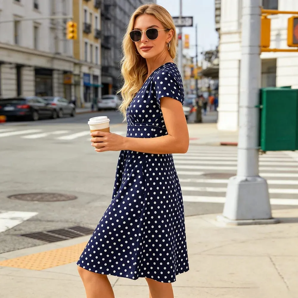 Women's V-Neck Wrap Dress with Pockets Short Sleeve Polka Dot Casual Summer Dress — image 2