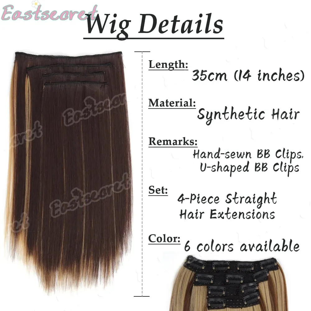 4pcs 14Inch Synthetic Clip-in Hair Extension Short Straight Soft Invisible Brown Blonde Hairpiece for Women