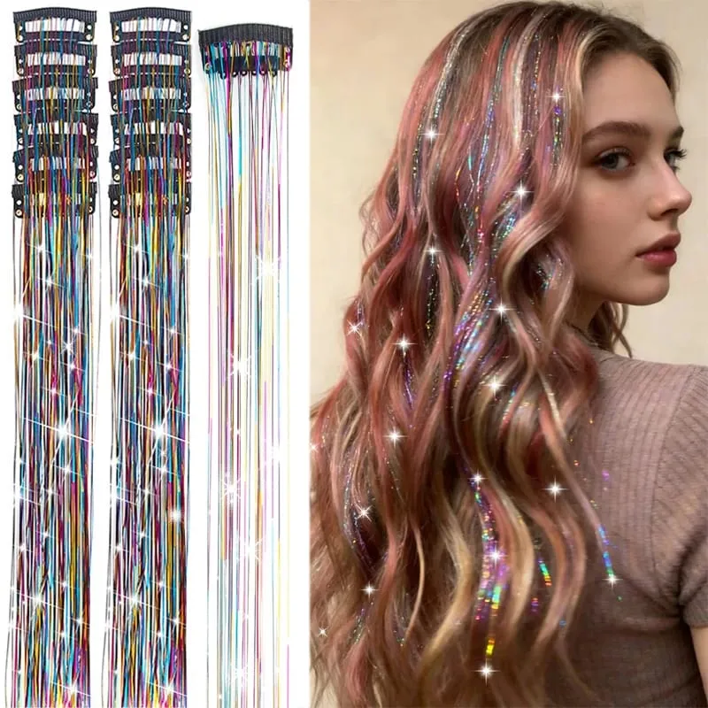 20 Inch Synthetic Hair Extensions -12 Piece Set of Colorful Glitter Hair Accessories Suitable for Girls' Party Birthday Gifts — image 2