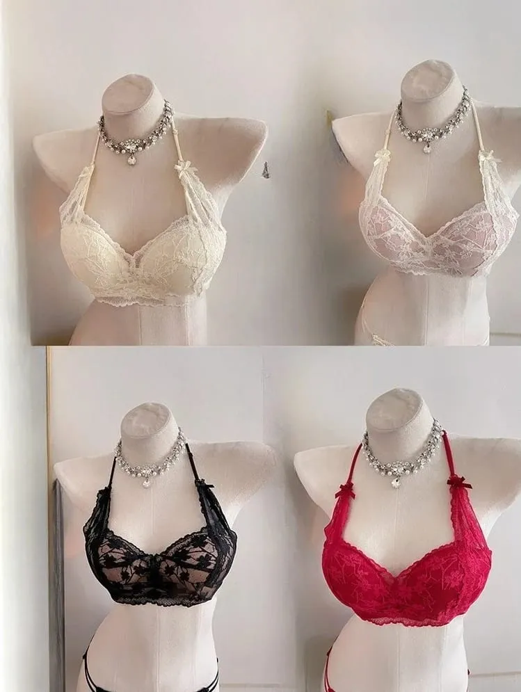 Sweet Halter Neck Bow Lace Wireless Bra Padded Push‑up Brassiere Ladies Layering Intimate Lingerie for Small Bust Size 32‑38 ABC