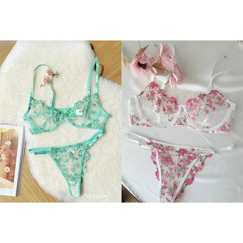 Korean Hot Lace Bra Set Floral Embroidery Transparent Mesh Ultra Thin Big Bust Modest Summer Ladies Daily Wear Underwear 32-38