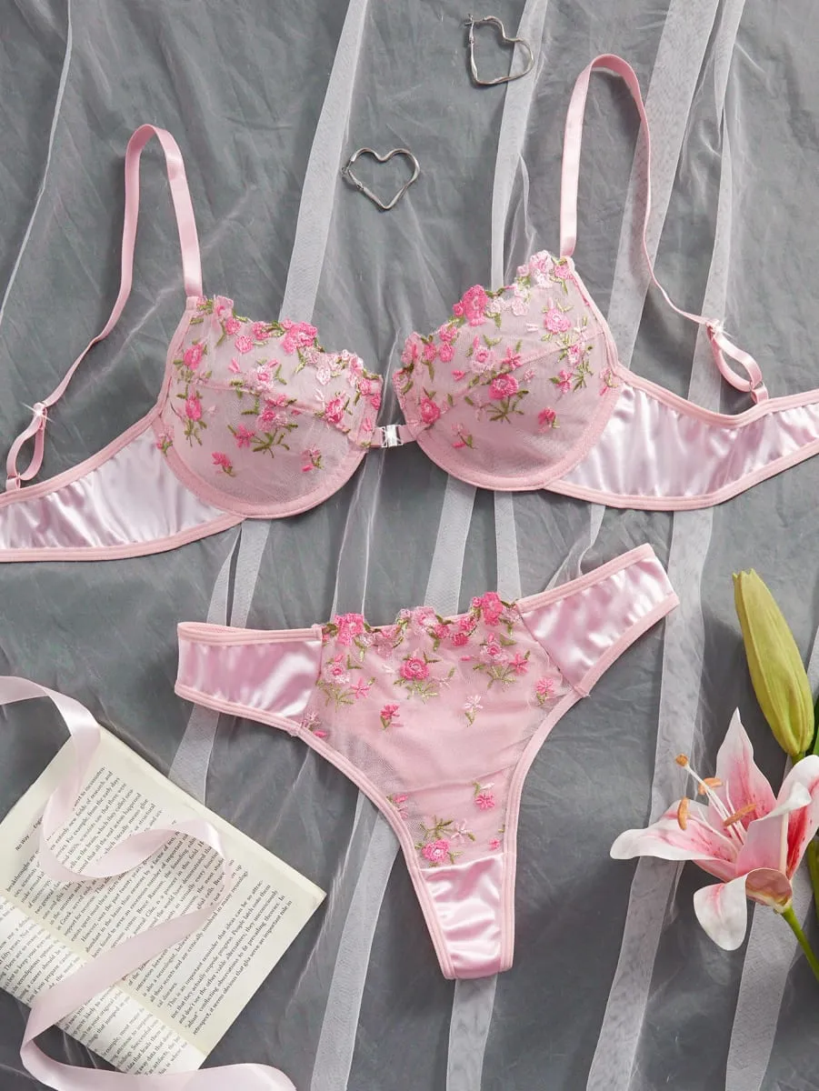 Pink Floral Embroidery Lingerie Set 2PCS Underwired Semi-Sheer Front Closure Back Double Hooks Sexy Underwear for Romantic Occas — image 2