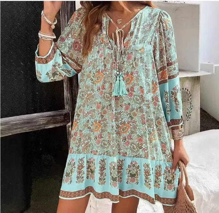 Casual Print Loose Dress For Women Fashion Long Sleeve V Neck Lace-up Vintage Pullover Dresses Lady Boho Holiday Womens Clothing — image 2