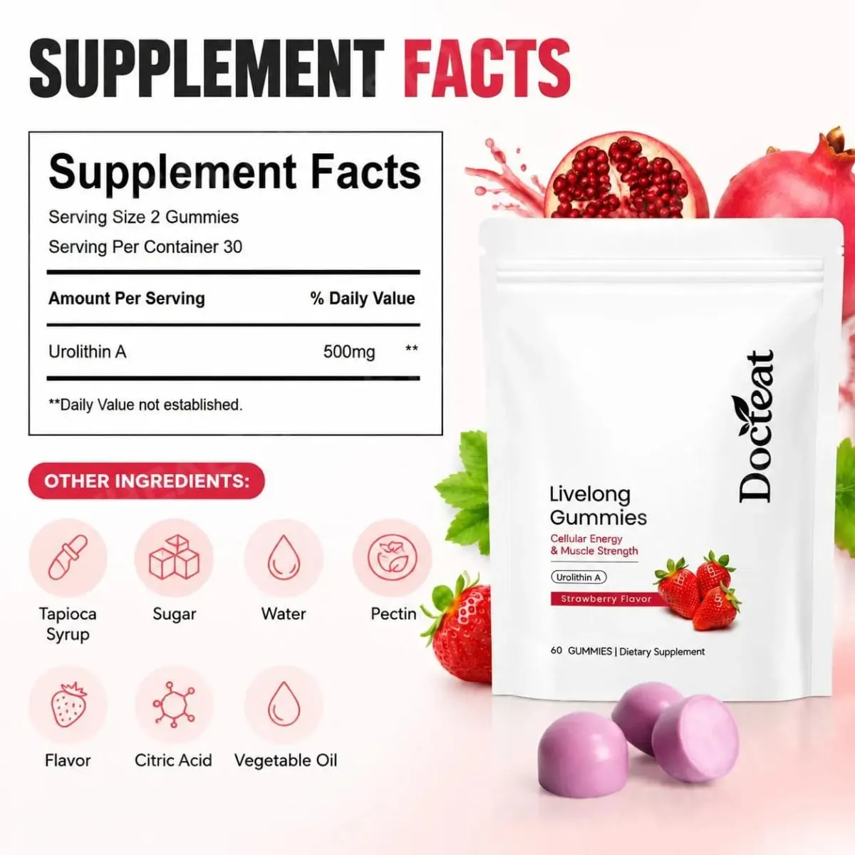 Docteat Urolithin A Gummies 500mg setiap Hidangan Perisa Strawberi Sokongan Kesihatan Selular Harian 60 Gummies untuk Lelaki Wanita — image 2