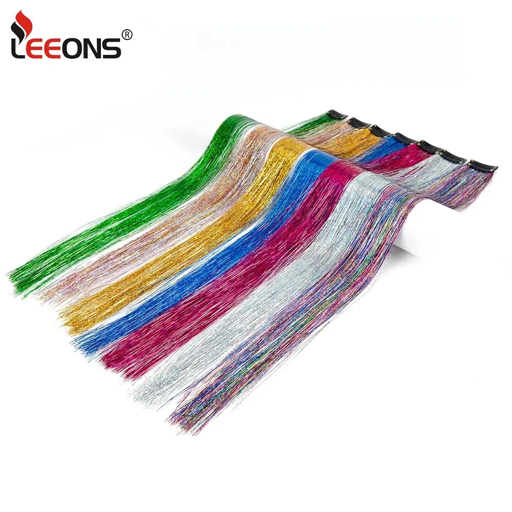 Straight Rainbow Colored Party Highlights Clip On In Hair Extensions Bling Hair Piece Synthetic Hairpieces Sparkling Tinsel Red