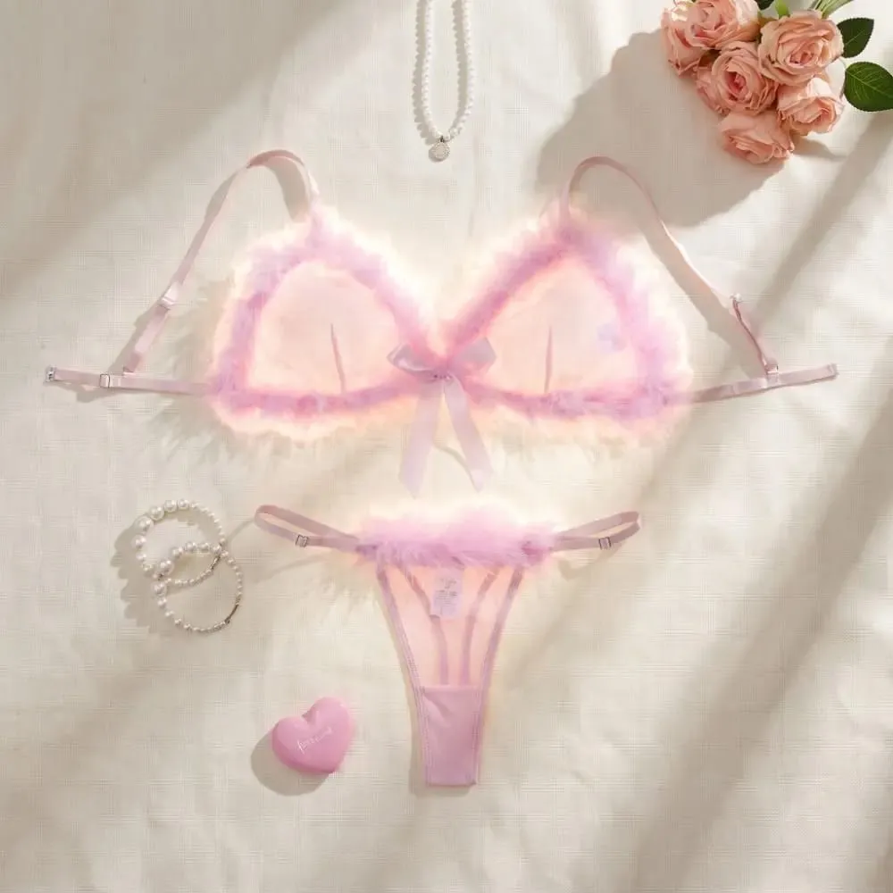 Furry Women's Underwear Mesh Transparent Wireless Lingerie Set Bow Decor Romantic Intimate Bra Panties Suit Intimate Moments