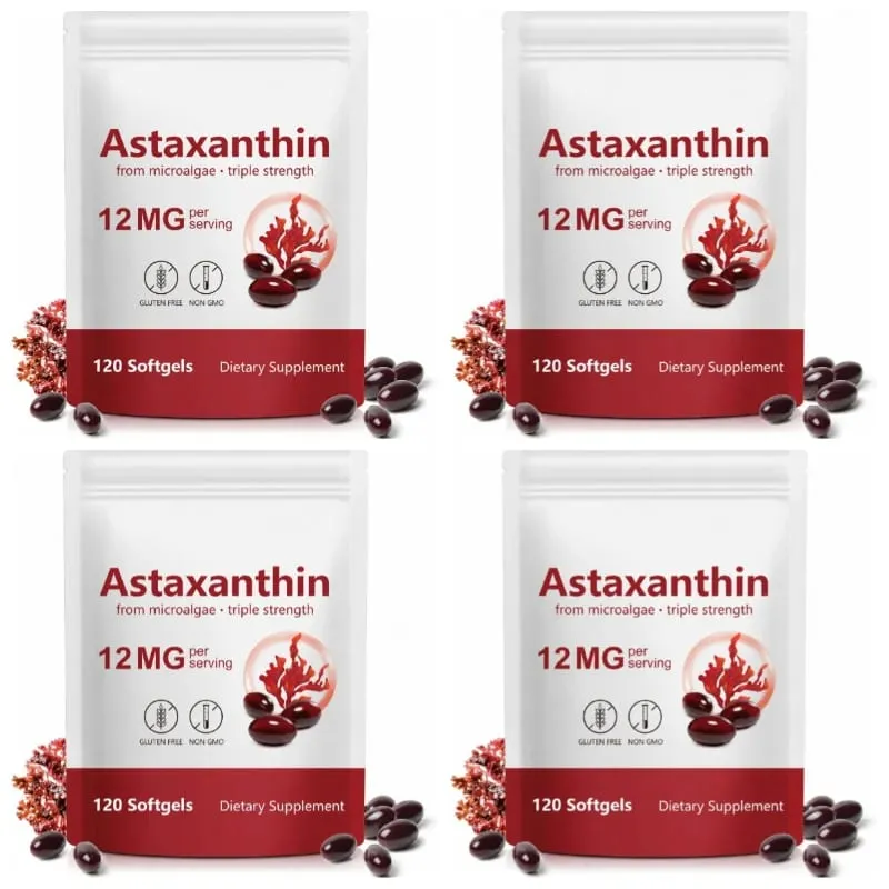 Cápsulas gelatinosas de astaxantina de microalgas promovem a produção de colágeno, sem soja, sem glúten, não OGM, força tripla 120 cápsulas gelatinosas
