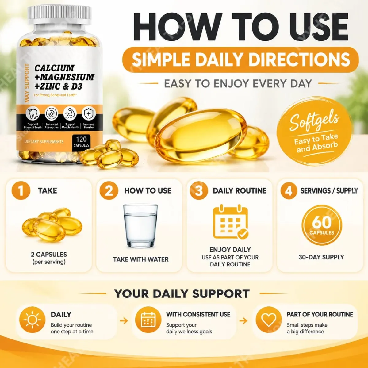 Calcium Magnesium Zinc Softgels Bone & Teeth Support Vitamin D3 Supplement Supports Muscle Health & Immune Function 120 Capsules