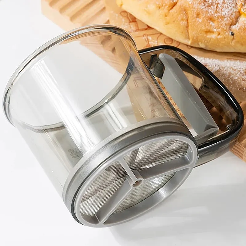 Compact Handheld Flour Sieve with Semi-automatic Function Baking Powder Shaker and Measure Cup Kitchen Tools