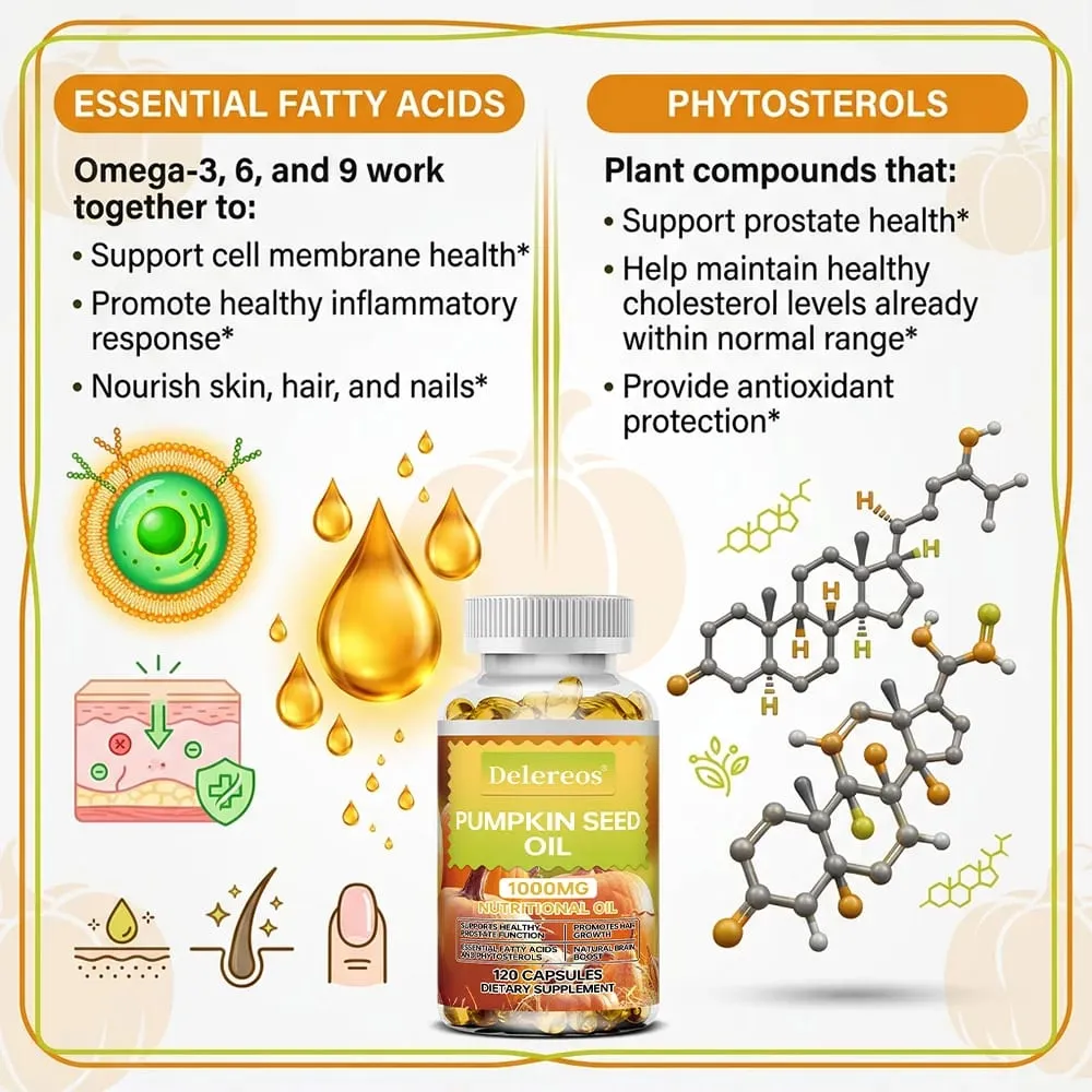 Pumpkin Seed Oil Capsules 1000mg Supports Prostate Urinary Bladder & Hair Health for Men Cardiovascular Health Non-GMO