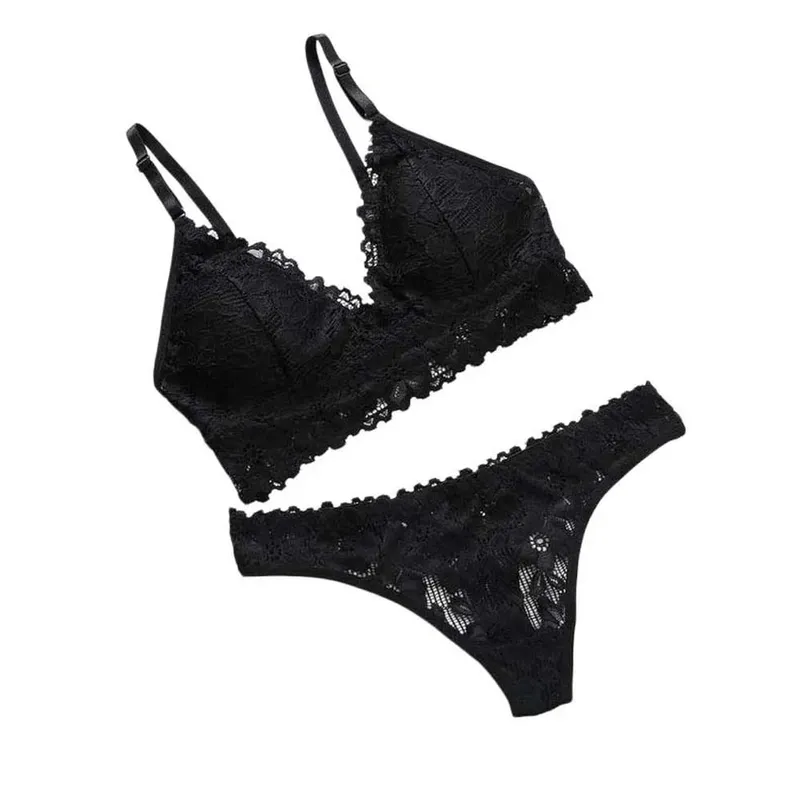 Underpants V Neck Lace Flower Bra Set Solid Color Thong Floral Panties Bra Kit Lingerie T-Back Lace Underwear Women