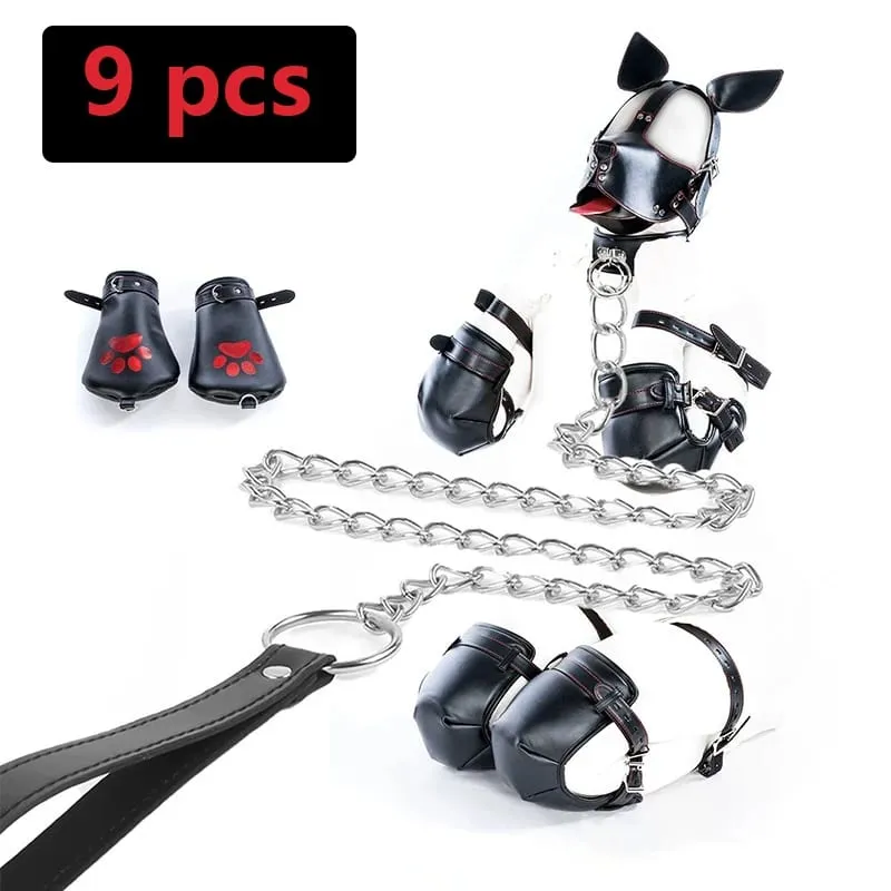 PU Leather Puppy Play Bondage Set Dog Mask Hood Mittens Handcuffs Anklet Collar Leash Chain Restraints BDSM Sex Toys for Couples