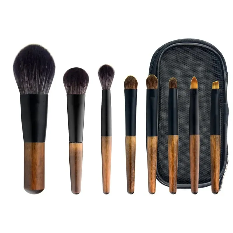 8 pçs mini conjunto de escova de maquiagem de viagem com bolsa alça de madeira escova cosmética para pó facial blush iluminador corretivo sombra