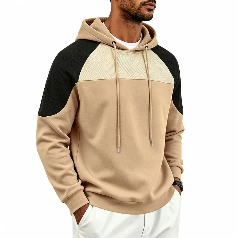 Autumn Winter Men Color Block Raglan Hoodie Textured Chest Panel Drawstring Kangaroo Pocket Loose Casual Streetwear Sweatshirt