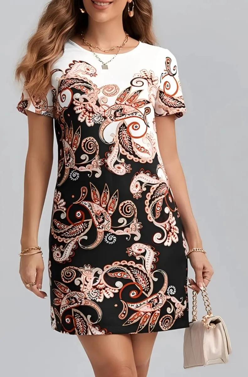 Ladies Fashion Elegant Positioning Print Short Sleeve Bodycon Mini Dress Versatile Slimming Dress for Women