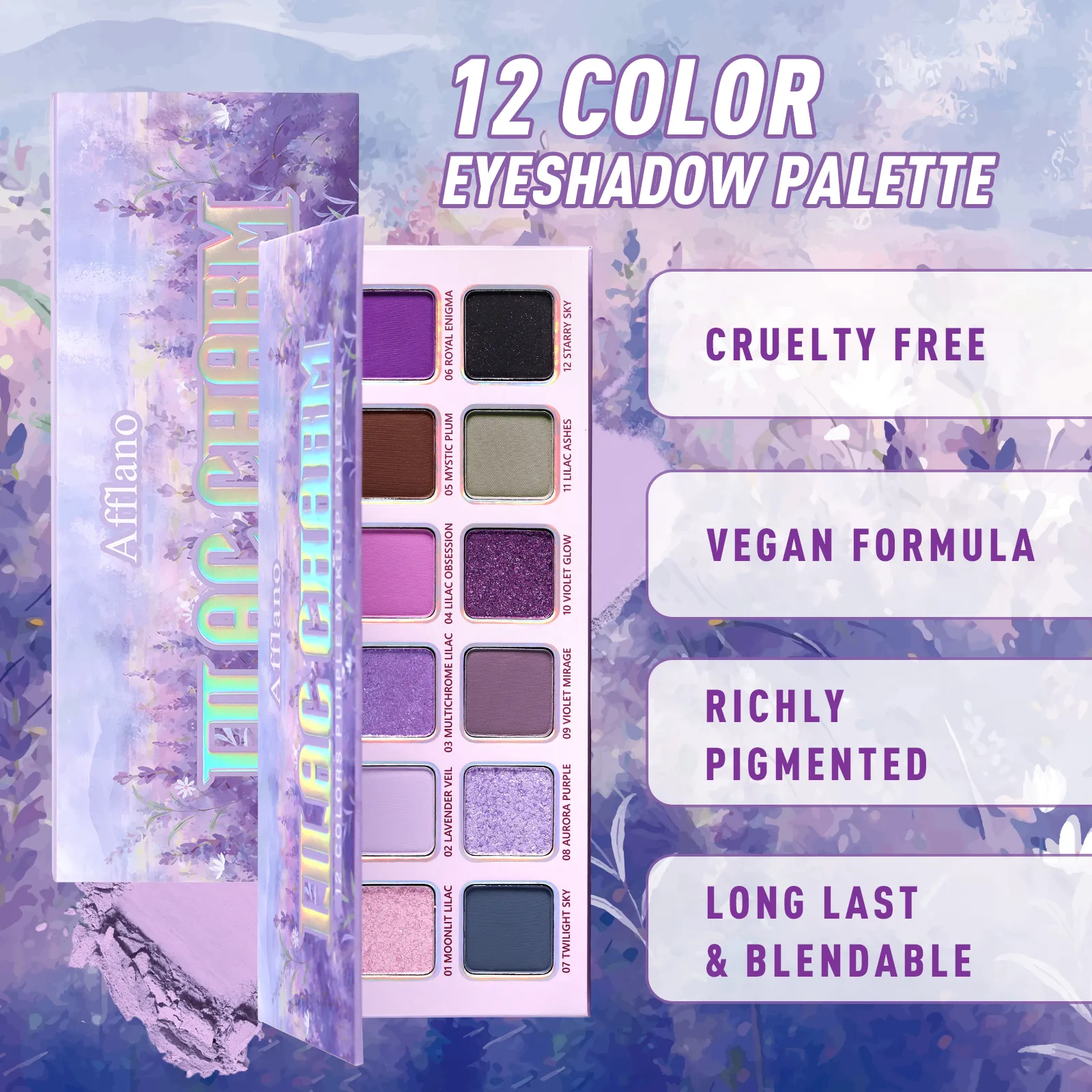 Afflano 12 Colors Eyeshadow Palette Matte Shimmer Lavender Purple Eye Shadow Smoky Punk Blendable Lasting Halloween Eye Makeup — image 5