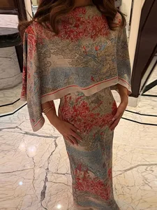Babaeng Tropical Leaf Print Cape Two Piece Set Batwing Loose Top High Waist Maxi Dress 2026 Summer Fashion Vacation Casual Suit