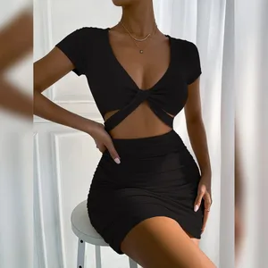 2022 Summer V Neck Hollow Out Cross Bodycon Dresses Women's Solid Backless Ruched Sexy Mini Dress Y2k Party Club Elegant Dresses