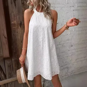 2026 Women's White Floral Cut-out Halter Neck Dress Sleeveless Bohemian Maxi Dress with Irregular Hem for Beach Holiday