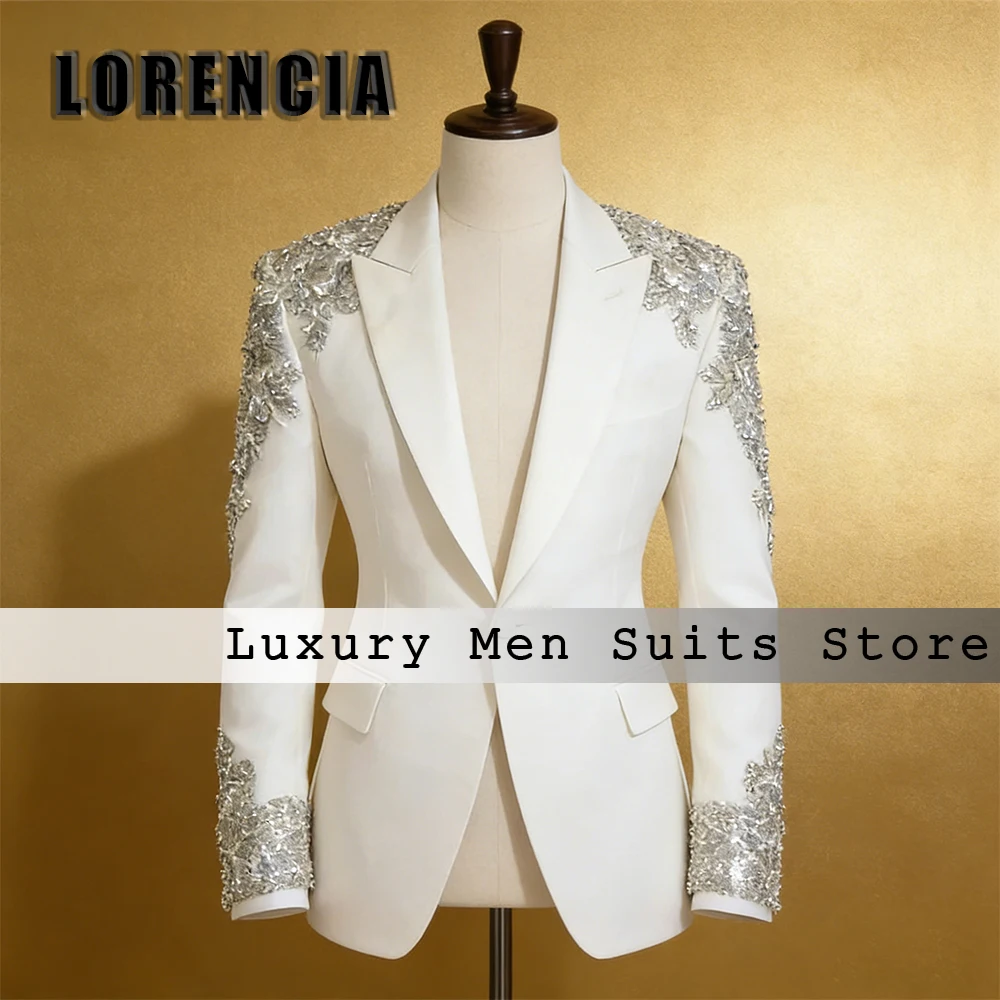 Simple Applique Men Suits 2 Pieces Sparkling Tuxedos Set Evening Party Outfits Customized Blazer Pants jaqueta masculina couro