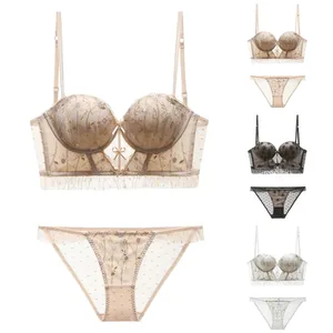 Set Bra Wanita Pakaian Dalam Renda Perancis Dada Kecil Bra Tabung Jaring Ultra Tipis Tembus Pandang dan Celana Dalam 2 Potong Set Pakaian Tidur Pakaian Dalam