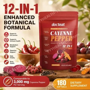 Docteat Cayenne Pepper 12-in-1 Softgels immuuniterveyttä ja luustoa tukevat berberiini- ja mustapippuriuutteet 180 pehmeää geeliä