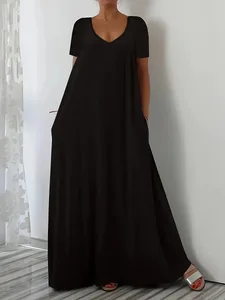 Plus Size Sommer ny lang nederdel afslappet løs kortærmet ensfarvet V-hals plus size kjole til kvinder