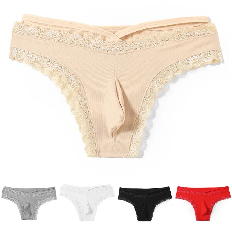 Hommes dentelle Rrim Sissy Gay slips sans couture sous-vêtements taille moyenne poche bombée Lingerie solide hommes dentelle bord Lingerie