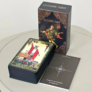 A.E. Tarot Klasik 78 Buah Kartu Tarot Sistem Rider Waite dengan Tepi Berlapis Emas Hijau Tua dengan Buku Panduan untuk Pemula 10.3*6Cm