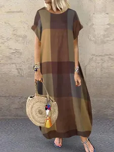 Bohemian Plaid Berpetak Sundress Musim Panas Lengan Pendek Gaun Panjang Fesyen Pesta Percutian Vestido Femme Kasual Longgar Jubah 2025