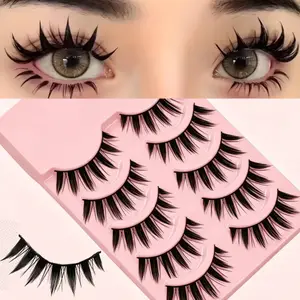 5 pár Manga tüskés tündér műszempilla Anime Cat Eye stílusú Wispy műszempillák puha szalaggal, újrafelhasználható szemsmink eszközzel nőknek