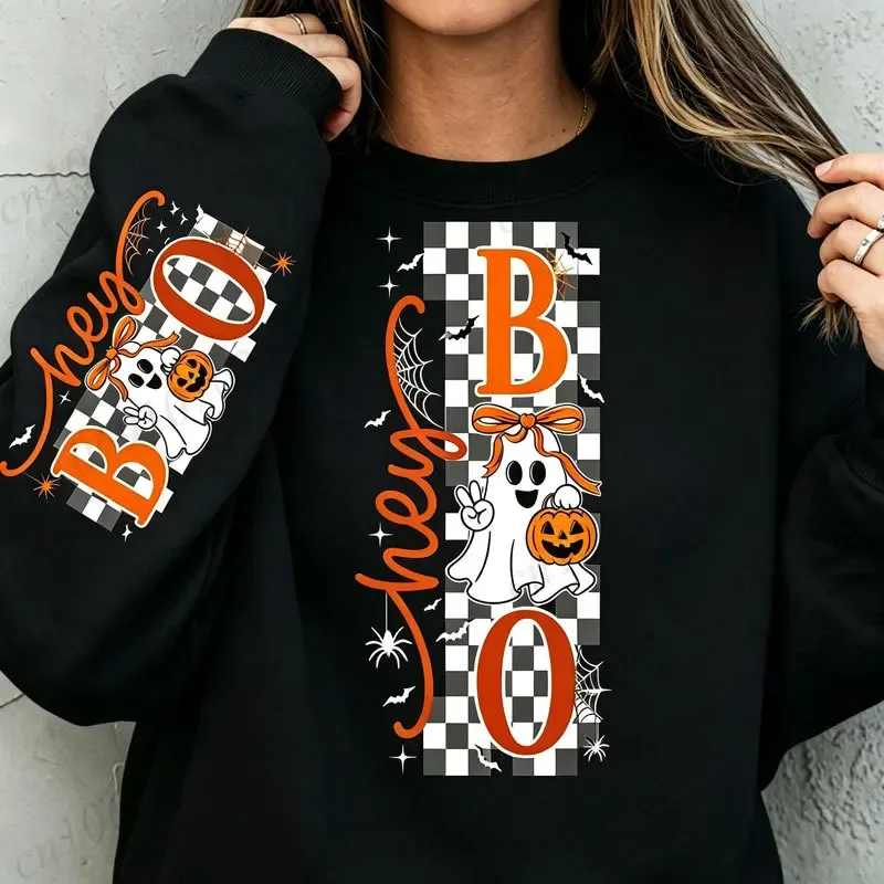 Halloween Hey Boo Unisex sweatshirt Cute Bow Ghost Pumpkin Grafisk Crewneck Langærmet Casual Fall Pullover Bomuldstoppe 330gsm