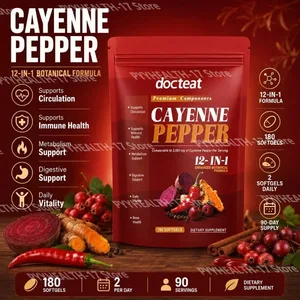 Cayenne Pepper -pehmeät geelit 12-in-1 parannetulla kasvitieteellisellä koostumuksella antioksidantti- ja verisuoniterveyden tukemiseen 180 pehmeää geeliä