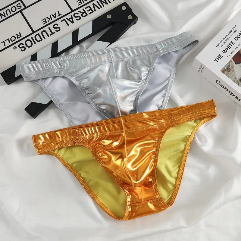 Metallic Shiny Briefs Men Low Rise High Stretch Slim Panties Laser Silver Gold U Convex Underpant Night Club Performance Knicker