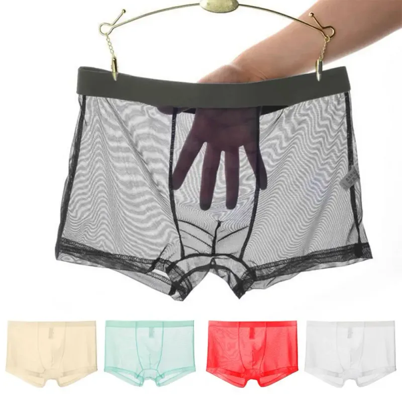 Şeffaf Boksörler Erkekler için Erkek Külot See Through Seksi Örgü Düşük Bel Buz Ipek Ince Soğutma Erkek Külot Erkek iç çamaşırı