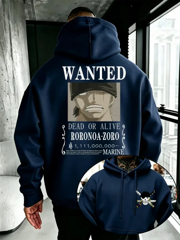 Bandai One Piece Mens Hoodie ใหม่ฤดูใบไม้ร่วงฤดูหนาวคุณภาพสูงเสื้อสวมหัวที่อบอุ่นมี Zoro Wanted พิมพ์โปสเตอร์สไตล์ลำลอง