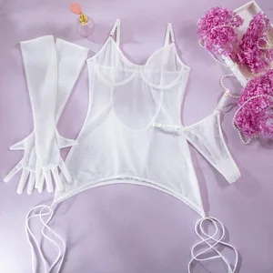 Bodysuit Perspektif Punggung Terbuka Jaring Solid Seksi dengan Sarung Tangan Tali Set Tiga Potong untuk Wanita Pakaian Dalam Wanita Tembus Pandang Setelan Intim
