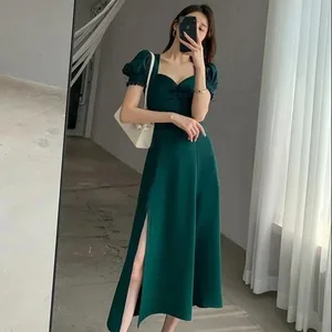 พัฟของแข็งแขนสั้นElegant Slitชุดใหม่แฟชั่นผู้หญิงVคอชุดสุภาพสตรีสูงเอวSlim Evening Party vestidos