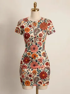 Kortærmet Dame Bodycon Minikjole Slim Fit Rundhals Blomsterprint Afslappet sommerfest Sød Stretch Trendy feriesolkjole