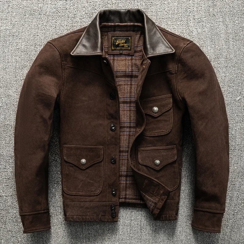 Uncoated Top Layer Sheepskin Leather Jacket Men's Classic Vintage Short Style Lapel Spring and Autumn Jacket