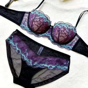 Set Bra dan Seluar Dalam Renda Ungu Ringan Wanita Baharu Meminimumkan Kesan Rekaan Tekan Tubi dengan Underwire Lembut dan Sokongan Anti-Kendur