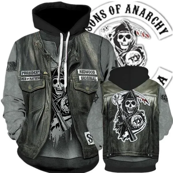 Sudaderas con capucha con estampado 3D de Sons of Anarchy estilo callejero para hombre Sudaderas Otoño/Invierno Unisex Suelto Casual Chándal Al aire libre Y2k Jersey