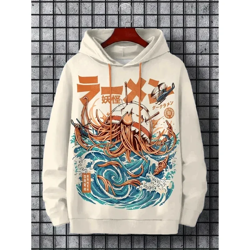 3D Baskılı Dalgalar Erişte Hoodie Erkekler Için Serin Kurt Desen Uzun Kollu Rahat Kazak Harajuku Kazak Gevşek Hoodies Tops