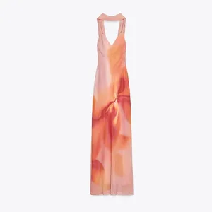 Elegant Tie-Dye Gradient พิมพ์ชุดสลิงยาวผ้าพันคอผู้หญิงวันหยุดแขนกุดชุดราตรีเปลือยฤดูร้อนวันหยุด Robes